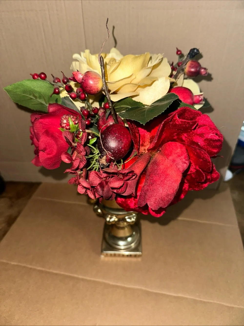 Bombay Red and Yellow Faux Floral Arrangement in Gold ceramic Urn 12”